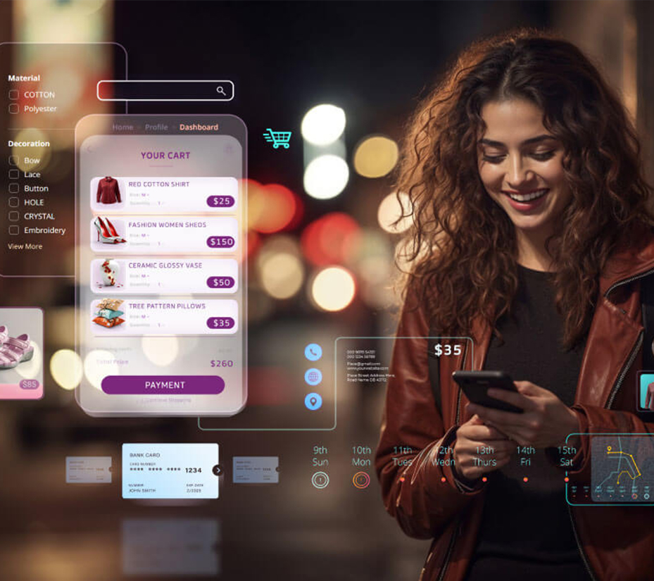 Imagem de uma mulher feliz e engajada fazendo compras online pelo celular, com projeções holográficas de um carrinho de compras virtual, detalhes de produtos e métodos de pagamento. Representa o sucesso da presença digital onde o cliente se conecta e realiza a compra. Ideal para ilustrar o tema de uma palestra sobre como transformar uma marca de desconhecida em desejada através de estratégias digitais eficazes.