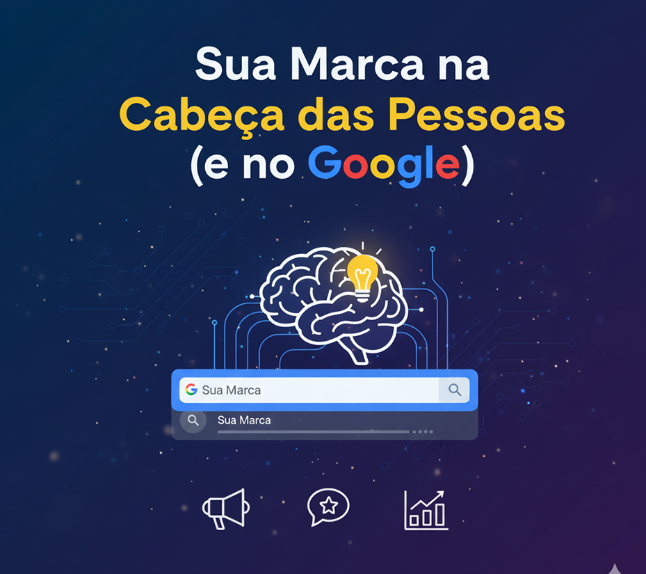 Imagem ilustrativa de uma cabeça humana com uma lâmpada acesa dentro do cérebro, simbolizando a memorização da marca, e uma barra de pesquisa do Google mostrando a "Sua Marca". A seta para cima e ícones de marketing (megafone, estrela, gráfico) reforçam a ideia de fortalecer a imagem e aparecer nas buscas. Representa o tema de uma palestra sobre branding digital e SEO para fixar a marca na mente dos consumidores e no Google.