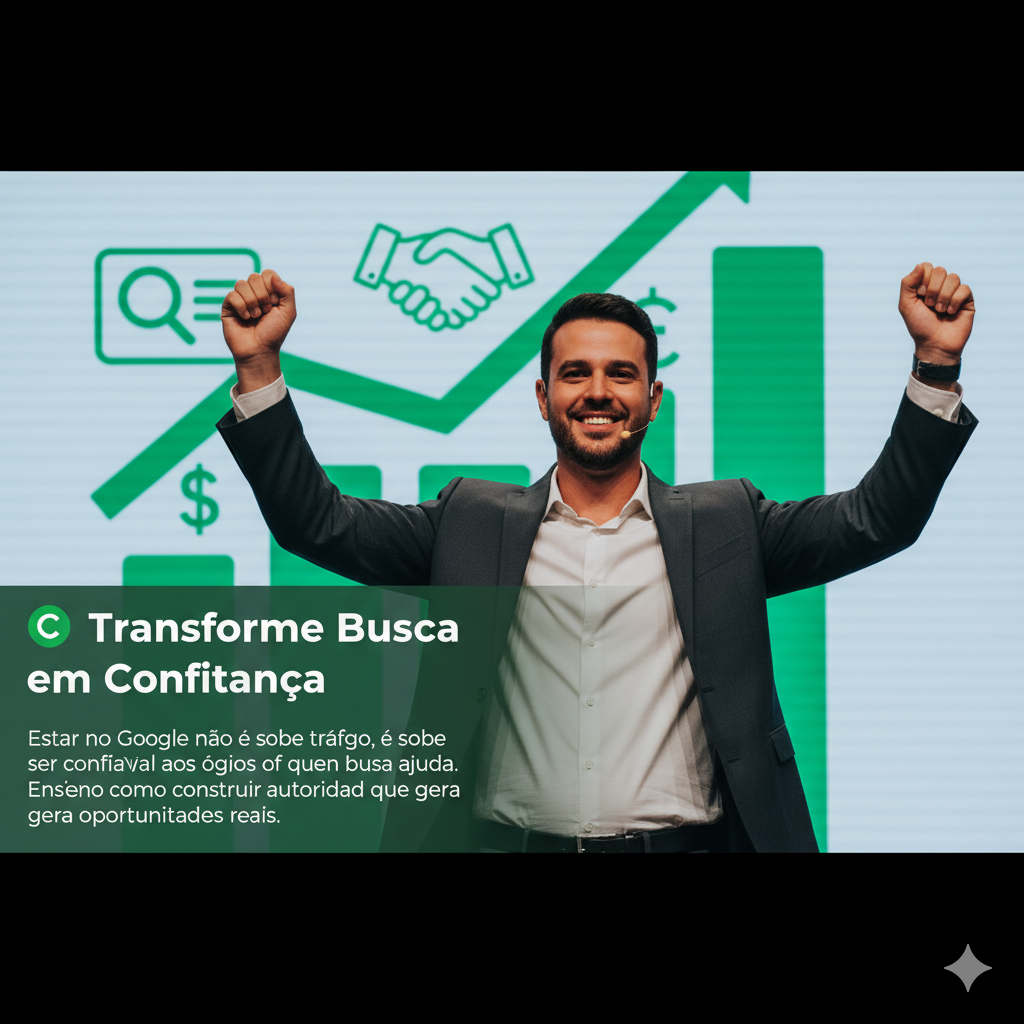 Imagem de um palestrante alegre e confiante com os braços erguidos em celebração, em frente a um gráfico de crescimento e ícones de busca e aperto de mãos, simbolizando grandes resultados em marketing digital. O texto "Transforme Busca em Confiança" e "construir autoridade que gera oportunidades reais" destacam o tema da palestra e a busca por especialista em SEO de confiança.