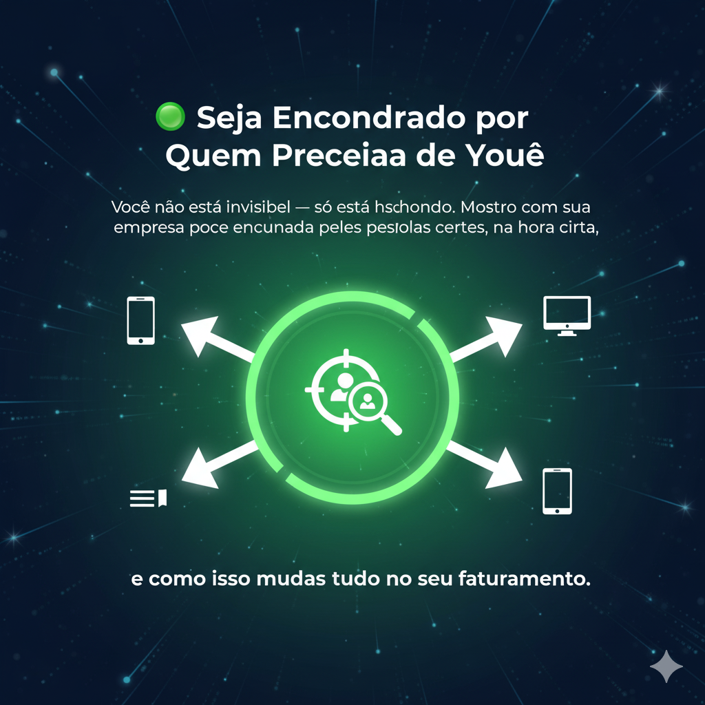 Imagem vibrante com um foco central em "Seja Encontrado por Quem Precisa de Você", simbolizando a visibilidade digital e o impacto no faturamento. Um ícone de alvo com uma pessoa e lupa no centro, com setas apontando para dispositivos (celulares, computador), indica a busca por soluções para empresas se destacarem online. Representa o tema de uma palestra sobre marketing digital focada em resultados.