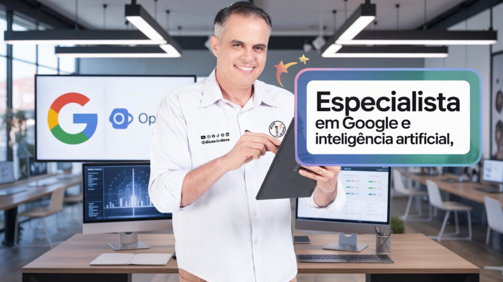 Especialista em Google e inteligência artificial apontando para uma apresentação sobre SEO e IA.