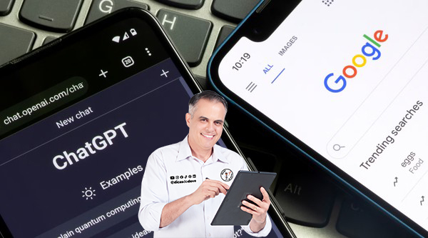 Comparativo visual entre Google e ChatGPT sobre como consumidores buscam produtos antes de comprar online.