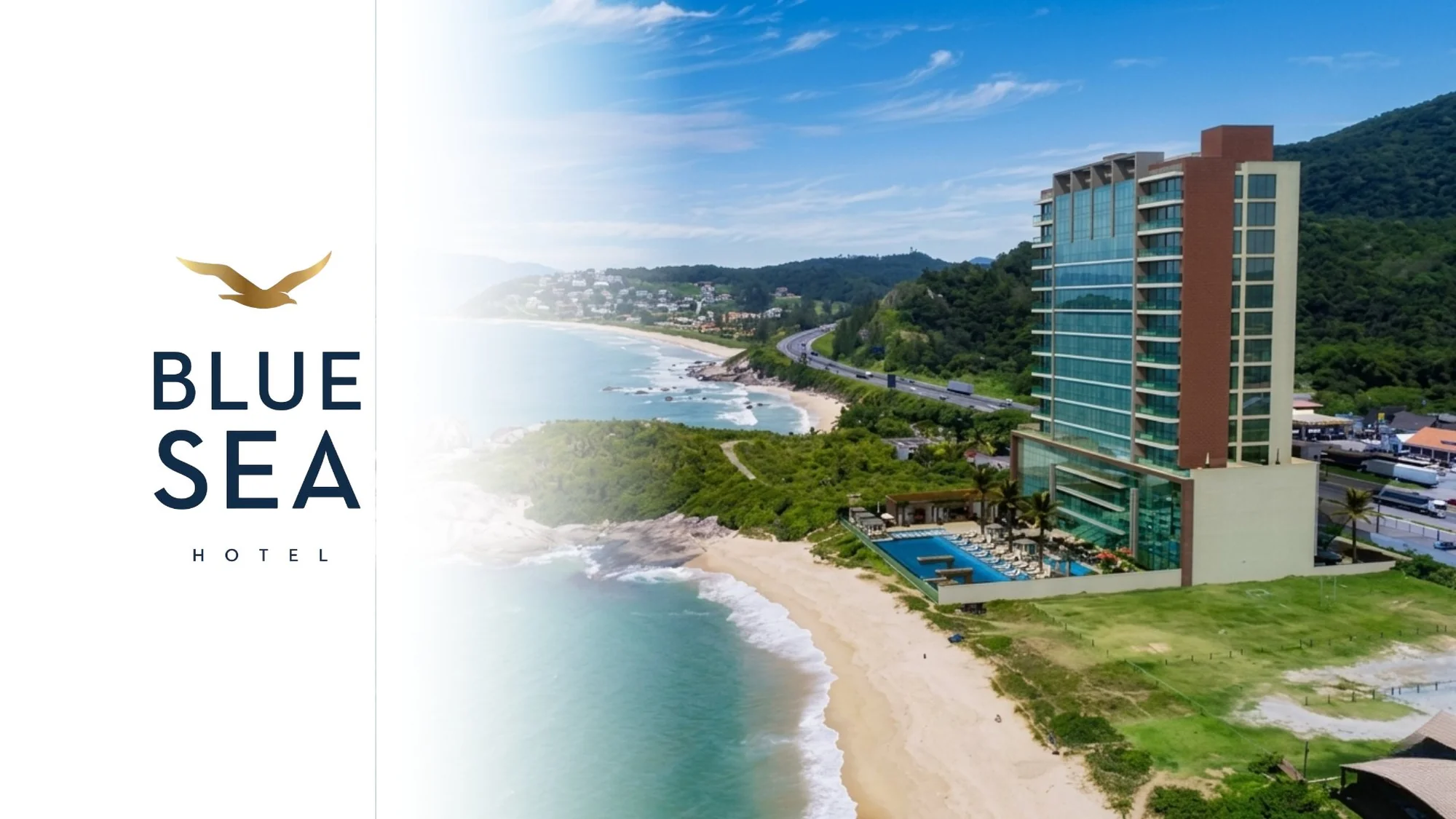 Vista aérea dos hotéis em Itapema SC com destaque para o Blue Sea Hotel frente ao mar