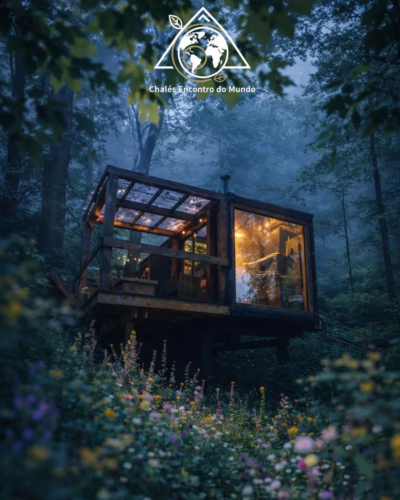 slow travel brasil praticado em cabana de vidro cercada por floresta à noite